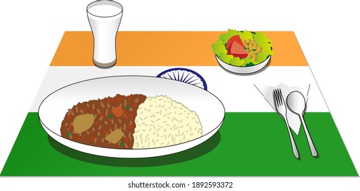 The image of Indian food such as curry rice is reproduced with illustrations. A place mat with a national flag is laid underneath. Created with vector data.