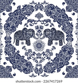 В hermosa imagen de un patrón indio con elefantes en el centro.Imagen vectorial. Imagen sin inconvenientes.Puede utilizarse para papeles pintados de diseño, para textiles, embalaje, impresión o cualquier idea deseada.
