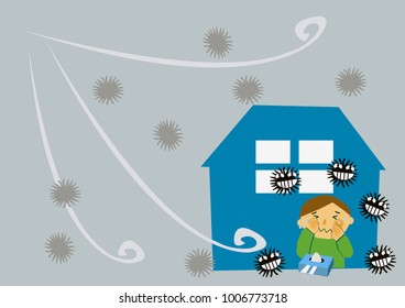 Image of infection.Illustration of a person coughing.A person suffering from runny nose and sneezing.