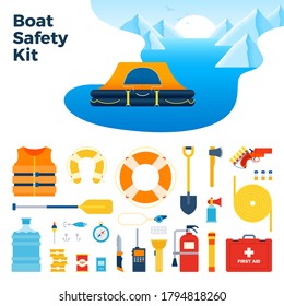 Image from inflatable floating tent and boat safety kit vector illustration in a flat design.