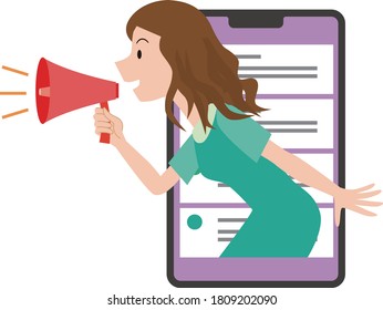 Image of influencer woman with smartphone and loudspeaker