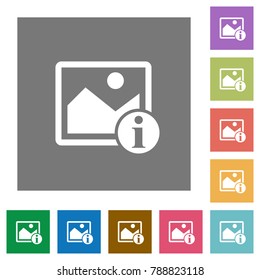 Image info flat icons on simple color square backgrounds