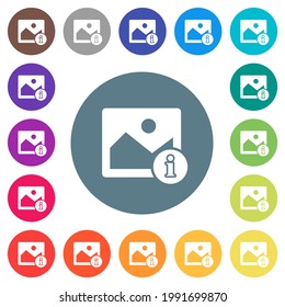 Información de la imagen iconos blancos planos en fondos de color redondo. Se incluyen 17 variaciones de color de fondo.