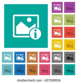 Image info multi colored flat icons on plain square backgrounds. Included white and darker icon variations for hover or active effects.