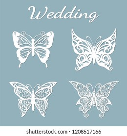 Image with the inscription-wedding. Template with vector illustration of butterflies. For laser cutting, plotter and silkscreen printing