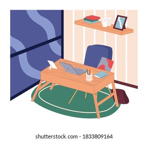 Image of an interior with desktop, laptop, armchair, notebook, stationery, photo frame, carpet. On the wall is a shelf with books, candles and frame. Cozy home interior. Work remotely at home