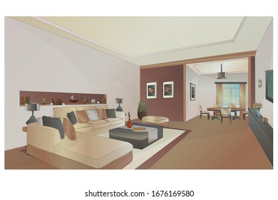 image of the interior of the living room. Sofa, daybed, pouf and table.
