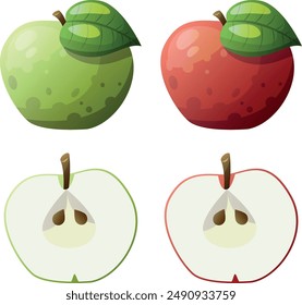 Imagen Manzanas de dibujo aisladas sobre un fondo blanco, manzanas rojas, rodajas de manzana, rodajas de manzana, manzanas en rodajas.