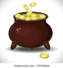 Image isolated on white background pot with gold coins. 