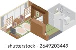 Image of an isometric ryokan guest room with futons laid out