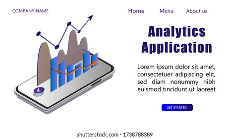 Bild von isometrischem Smartphone mit Diagramm, Diagramm, Statistik. Vorlage für die Datenanalyse-App.