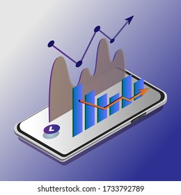 Image of isometric smartphone, mobile phone with graph, chart, statistic.Data analysis. Digital financial reporting, seo, marketing. Business management, development.