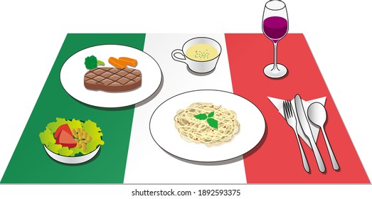 The image of Italian food such as pasta is reproduced with illustrations. A place mat with a national flag is laid underneath. Created with vector data.