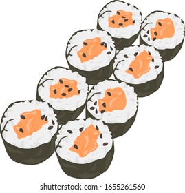 image of japanese dish - salmon roll.
stock isolated illustration on white background for printing on postcards, websites, shop advertising in cartoon style.Japanese national cuisine menu