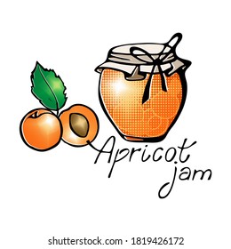 Image of a jar with jam, apricots and the inscription Apricot jam. Vector graphics.
