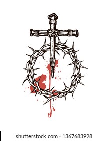 image of jesus nails with thorn crown and blood isolated on white background 