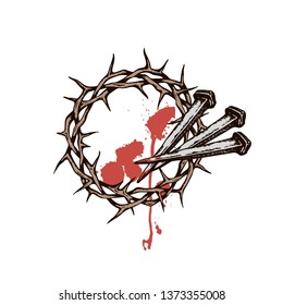 imagen de uñas jesus con corona de espina y sangre aislada en fondo blanco 