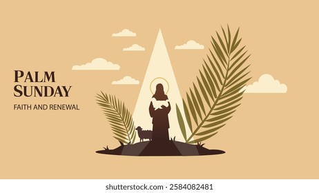 An image of Jesus, surrounded by palm fronds, symbolizing the triumphal entry into Jerusalem on Palm Sunday. The warm light radiates from behind Him, 