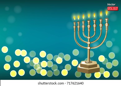 Image of jewish holiday Hanukkah background with Golden menorah and burning candles on green dark background. vector illustration