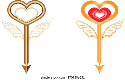 Image of keys in a romantic style with wings. Made in the form of a heart and arrow.