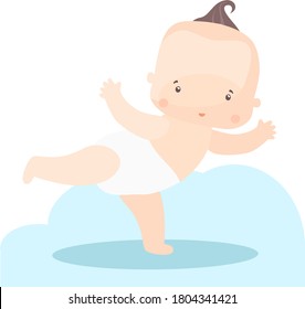 image of a kid on a blue background, who practices yoga, standing on one leg, spreading his arms in different directions.
stock isolated illustration on white background for printing on postcards, web