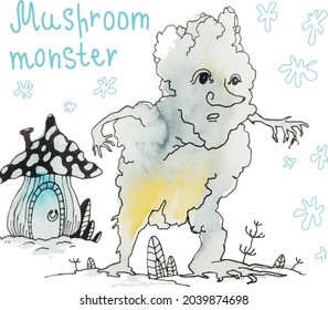 Imagen de un monstruo de una especie de seta gris con una casa de hongos y la inscripción