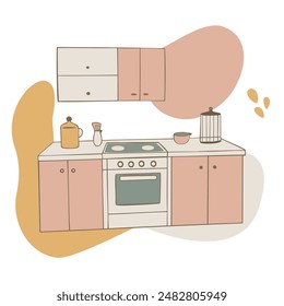 Image of a kitchen on a white background. Illustration of kitchen utensils, kitchen drawers and tools.  Vector illustration.