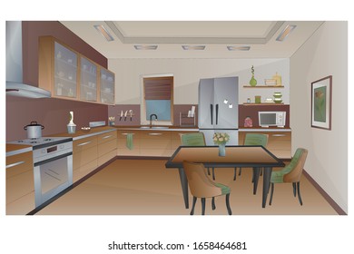 image of the kitchen. Refrigerator, stove, table and chairs.