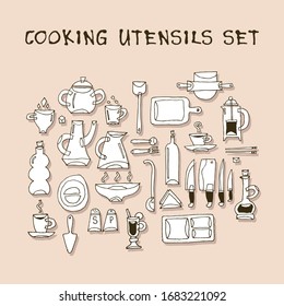 Imagen de utensilios de cocina, tazas, cuchillos, frenchpress, tetera, tenedor, cuchara, caligrafía. Ilustración vectorial de color. Puede ser usado en redes sociales, para artículos, publicaciones, postales, impresos, afiches.