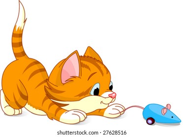 Image of kitten playing with toy mouse