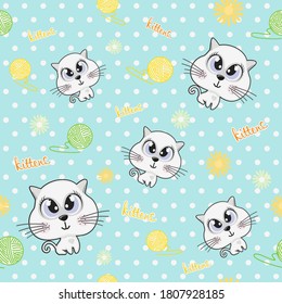 Image of kittens on a seamless polka dot background. Vector cat with a ball of string and flowers on a blue background.