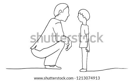 An image of a Kneeling Father Son parent conversation with child.