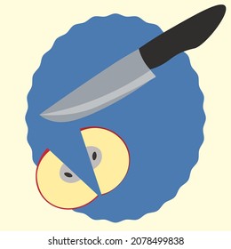 Image of a knife and a cut apple. Topic: healthy food, cooking, selling kitchen knives.