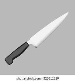 the image of a knife with a metal blade and plastic handle on a gray background