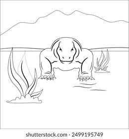 Image of Komodo with mountains and plain grass for children's coloring activities