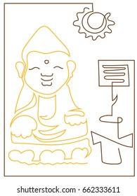 An image of the Korean Buddha executed in style - one line and petitions to the Buddha, in the form of pots and notes with flowers