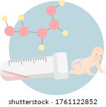 
image of a laboratory test tube with liquid from which a small child crawls out against the background of a chemical compound. baby created in vitro.
vector stock illustration in cartoon style 
