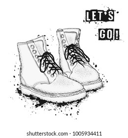 The image of the lace-up shoes on white background. Let's go. Hand drawn vector illustration.