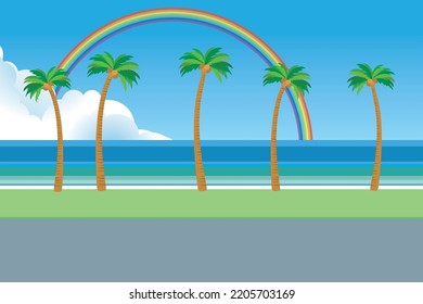 Image landscape for resort, vacation and travel. background illustration. Rainbow, blue sky, sea, palm trees, palm trees, tropical