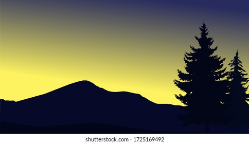 Image landscape of woodland and mountains. Northern lights