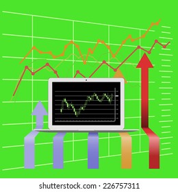 Image of laptop with the schedule of trading on the Exchange, on the background of the graph and arrows directed upwards.