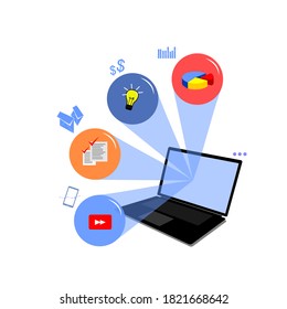 image of a laptop and several icons inside a circle various transparent colors