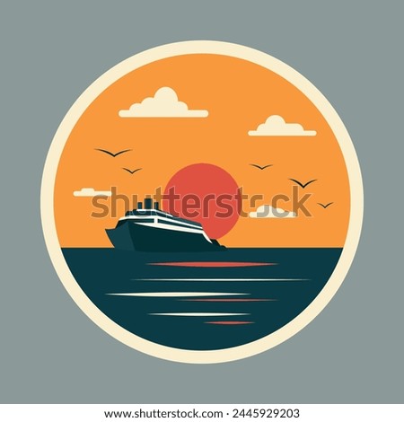 Image of a large cruise ship sailing in the ocean. There is a large round sun low above the horizon. Clouds evenly scattered across the sky. Several seagulls are flying in the sky.