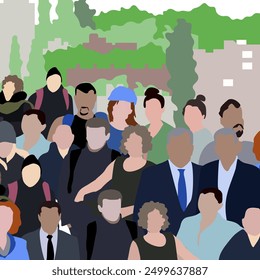 Imagen de un Grande número de personas. Una multitud de personas hablando entre sí. Infografía de Vector flat city. Imagen 2D para usar como séquito.