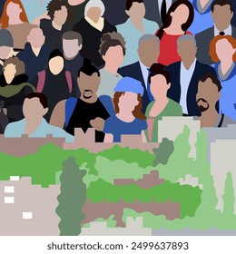 Imagen de un Grande número de personas. Una multitud de personas hablando entre sí. Infografía de Vector flat city. Imagen 2D para usar como séquito.