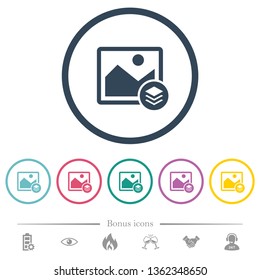 Image layers flat color icons in round outlines. 6 bonus icons included.