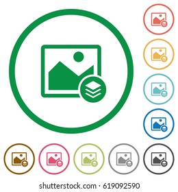 Image layers flat color icons in round outlines on white background