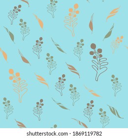 Image of leaves and berries on a blue background.Seamless pattern.