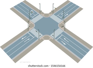 An image of a left-hand traffic intersection.Vector material.