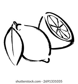 Imagen de limón con hojas y limón cortado en media línea monocromática dibujando la Ilustración vectorial